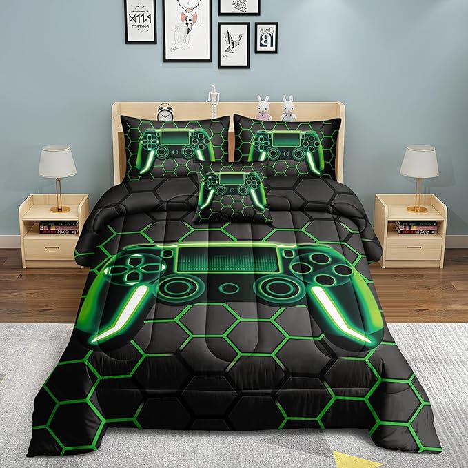Kids Gaming Bedding Sets, 6 Piece Gamer Comforter Sets for Teens Boys Full Size for Bedroom Comforter Set Adult 3D Gamepad Microfiber Bedding Sets Fits All Season Full Size Comforter Sets - LeafyLoom