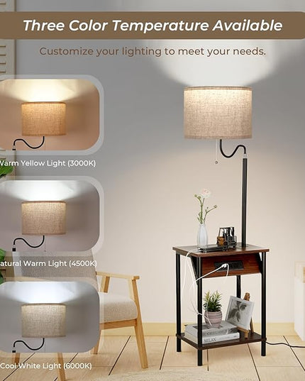 FIMEI Floor Lamp with Table, End Table with Charging Station USB Ports & Outlets, Bedside Table 3 Color Temperature Reading Light, Nightstand with Shelves for Living Room Bedroom Apartment, Red Brown - LeafyLoom