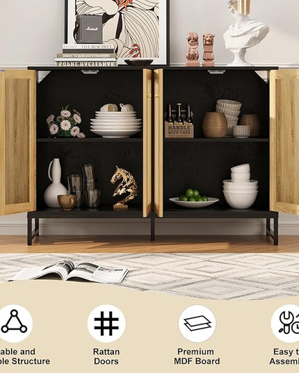 Storage Cabinet, Large Capacity Four-Door Rattan Sideboard with Adjustable Partitions, Metal Cabinet Legs, Modern Elegant Design Accent Cabinet Suitable for Home Office Bar Cafe (Black) - LeafyLoom