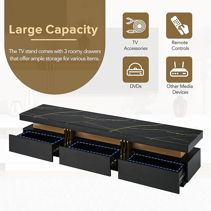 Merax Luxury TV Stand with High Gloss Faux Marble Top, Golden Panel Design, and 3 Drawers for Televisions Up to 78'', Rectangle Media Console, Practical Entertainment Center for Living Room, Black - LeafyLoom