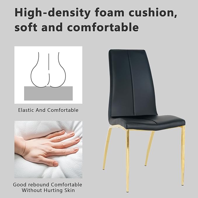 Modern Faux Leather Dining Chairs Set of 4, Padded Seat Dining Side Chairs, Upholstered Chair with Metal Legs for Kitchen, Living Room, Dining Room, Black Chairs+Gold Legs - LeafyLoom