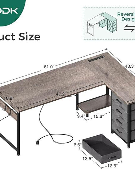 AODK L Shaped Desk with 4 Tier Drawers, 61" Reversible Gaming Desk with Power Outlets, L Shaped Computer Desk with USB Charging Port and Host Stand, Home Office Corner Desk, Easy to Assemble, Grey Oak - LeafyLoom