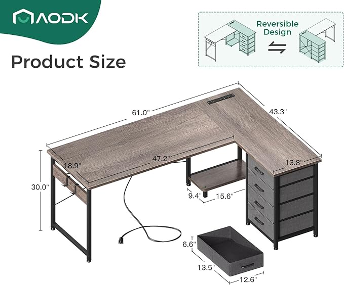 AODK L Shaped Desk with 4 Tier Drawers, 61" Reversible Gaming Desk with Power Outlets, L Shaped Computer Desk with USB Charging Port and Host Stand, Home Office Corner Desk, Easy to Assemble, Grey Oak - LeafyLoom