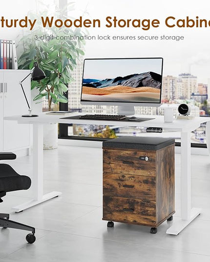 Soohow 3 Drawers Vertical Detachable Cushion Mobile Under Desk File Cabinet with Smart Lock/Casters,Rustic-Black, Large, Brown - LeafyLoom