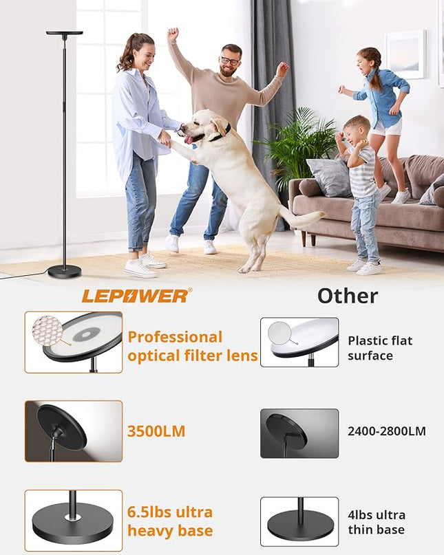 LEPOWER Bright Floor Lamp, LED Torchiere Floor Lamps for Living Room, 3500LM Standing Floor Lamp with 5 Color 5 Brightness, Tall Pole Light for Bedroom, Office Black - LeafyLoom