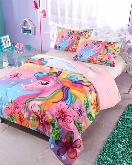 Cute Unicorn Comforter Sets 3pc Pink Flower Girl Colorful Unicorn Bedding Sets Soft Girls Unicorn Rainbow Comforter Sets - LeafyLoom
