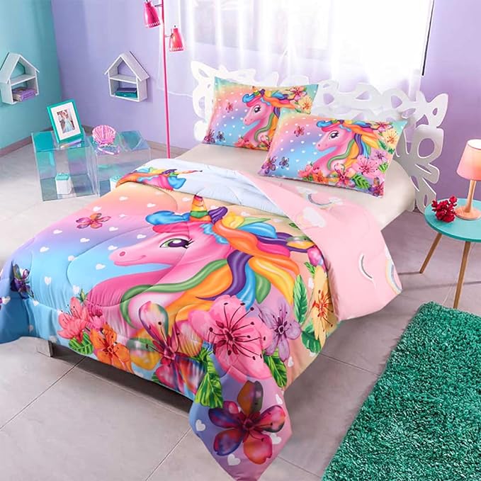 Cute Unicorn Comforter Sets 3pc Pink Flower Girl Colorful Unicorn Bedding Sets Soft Girls Unicorn Rainbow Comforter Sets - LeafyLoom