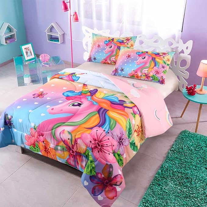 Cute Unicorn Comforter Sets 3pc Pink Flower Girl Colorful Unicorn Bedding Sets Soft Girls Unicorn Rainbow Comforter Sets - LeafyLoom