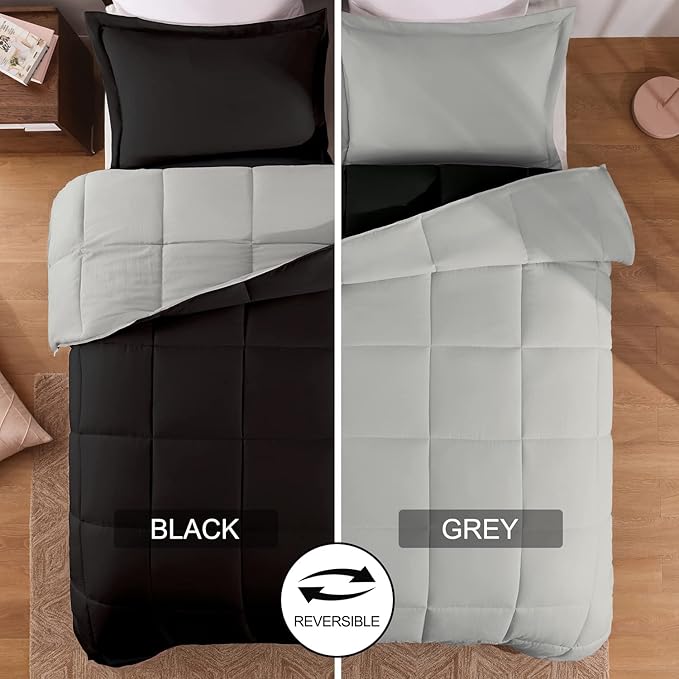 Basic Beyond Twin Comforter Set for Girls and Boys - Fluffy Twin Bed Comforter Set for All Seasons - Reversible Black and Grey Twin Comforter Set - 2 Pieces (1 Comforter + 1 Pillow Sham) - LeafyLoom