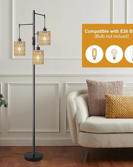 Floor Lamps for Living Room,3 Light Rattan Standing Tall Lamp with Foot Switch & Sturdy Base,Farmhouse Rustic Tree Black Vintage Floor Lamp for Bedroom Office - LeafyLoom