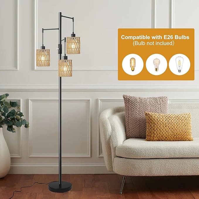 Floor Lamps for Living Room,3 Light Rattan Standing Tall Lamp with Foot Switch & Sturdy Base,Farmhouse Rustic Tree Black Vintage Floor Lamp for Bedroom Office - LeafyLoom