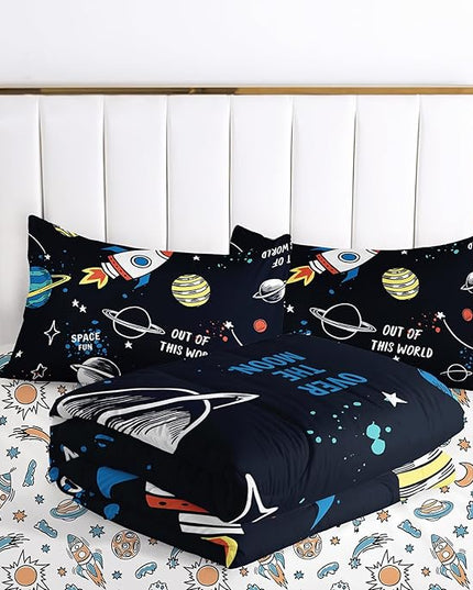 Space Comforter Set Twin 5PCS,Kids Bedding Set for Boys Twin,Rocket Bedding Twin Size.Kids Comforter Set Soft Bedding Sets,Bed in A Bag for Kids - LeafyLoom