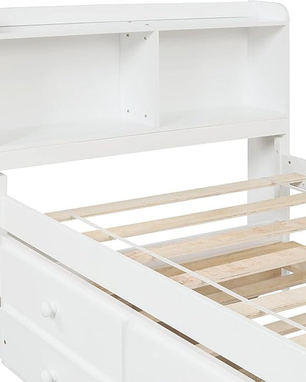 Platform Bed Twin Size with Bookcase Headboard, Trundle and 3 Drawers, Wooden Storage Bedframe for Kids Teens Adults Bedroom - LeafyLoom