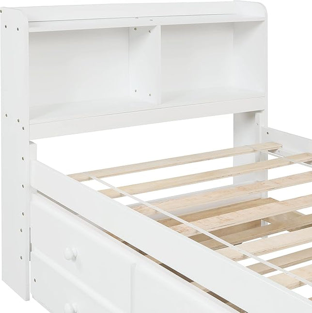Platform Bed Twin Size with Bookcase Headboard, Trundle and 3 Drawers, Wooden Storage Bedframe for Kids Teens Adults Bedroom - LeafyLoom