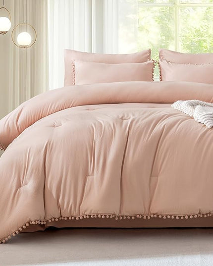 Litanika Comforter Full Size Set Pink,3 Pieces Blush Boho Pom Pom Lightweight Bed Comforter Full,All Season Solid Color Bedding Comforter Sets for Girls (1 Comforter 79x90 Inch, 2 Pillowcases) - LeafyLoom