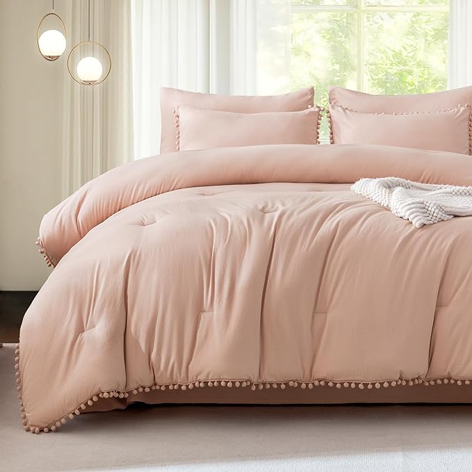 Litanika Comforter Full Size Set Pink,3 Pieces Blush Boho Pom Pom Lightweight Bed Comforter Full,All Season Solid Color Bedding Comforter Sets for Girls (1 Comforter 79x90 Inch, 2 Pillowcases) - LeafyLoom