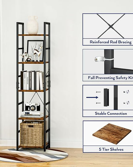 NUMENN 5 Tier Slim Bookshelf, Tall Bookcase Shelf Storage Organizer, Modern Book Shelf for Bedroom, Living Room and Home Office, Vintage - LeafyLoom