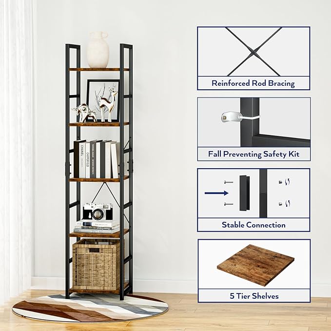 NUMENN 5 Tier Slim Bookshelf, Tall Bookcase Shelf Storage Organizer, Modern Book Shelf for Bedroom, Living Room and Home Office, Vintage - LeafyLoom