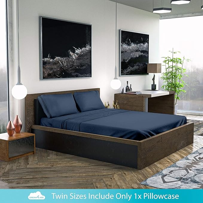 DREAMCARE King Size Sheets Set - Cooling Bed Sheets - 4pcs Set - up to 15" Deep Pocket King Sheet Set – Soft & Long Lasting Cooling - 100% Fine Brushed Polyester with Side Pocket - Navy Blue - LeafyLoom