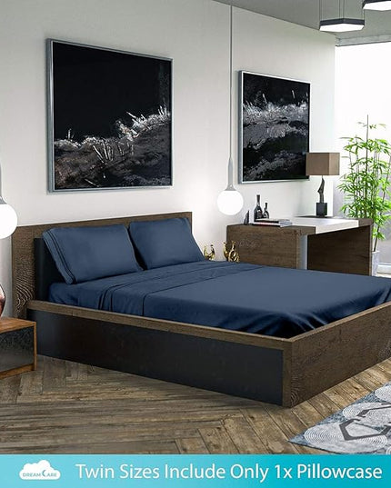 DREAMCARE California King Sheet Sets - Cooling Bed Sheets - 4pcs Set - up to 15" Deep Pocket Cal King Sheets - California King Sheets - Soft & Lasting 100% Brushed Polyester with Side Pocket - N Blue - LeafyLoom