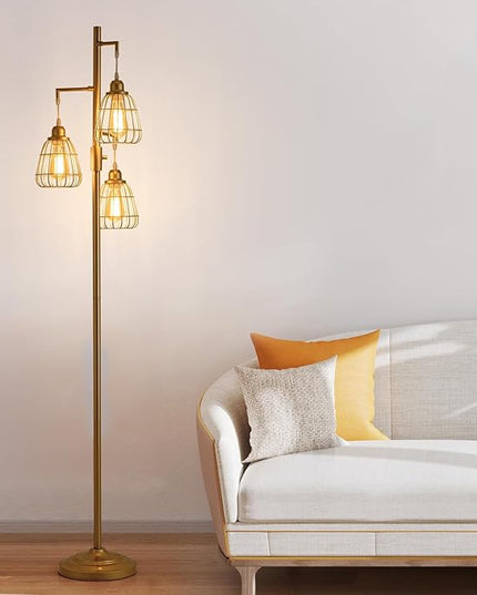 9MMML Golden Dimmable Floor Lamp,Industrial Farmhouse Tall Standing Floor Lamp for Living Room, Bedroom, Corner,Office,Gold 3 Teardrop Cage Lampshade,68”Height,3 LED Bulb Included - LeafyLoom