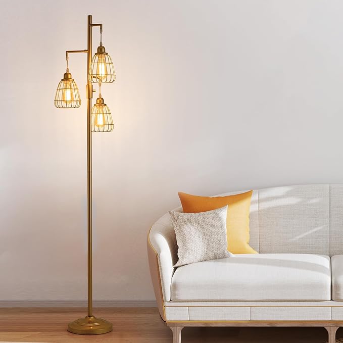9MMML Golden Dimmable Floor Lamp,Industrial Farmhouse Tall Standing Floor Lamp for Living Room, Bedroom, Corner,Office,Gold 3 Teardrop Cage Lampshade,68”Height,3 LED Bulb Included - LeafyLoom