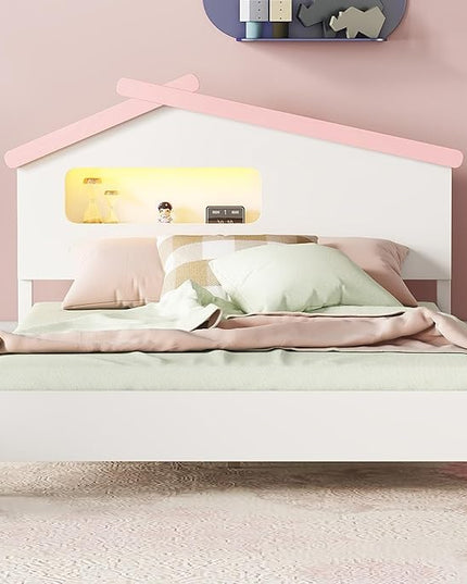 Bellemave Full Size Platform Bed with House-Shaped Headboard and Motion Activated Night Lights,Wood Twin Kids Bed Frame for Girls,Boys(Twin,Pink) - LeafyLoom