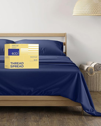 THREAD SPREAD 600 Thread Count Sheets Queen - 100% Egyptian Cotton Sheets Queen Size, 4 PC Luxury Sheets Queen Size, Soft, Cooling, Extra Long Staple 16" Deep Pocket Queen Bed Sheet Set - Navy Blue - LeafyLoom