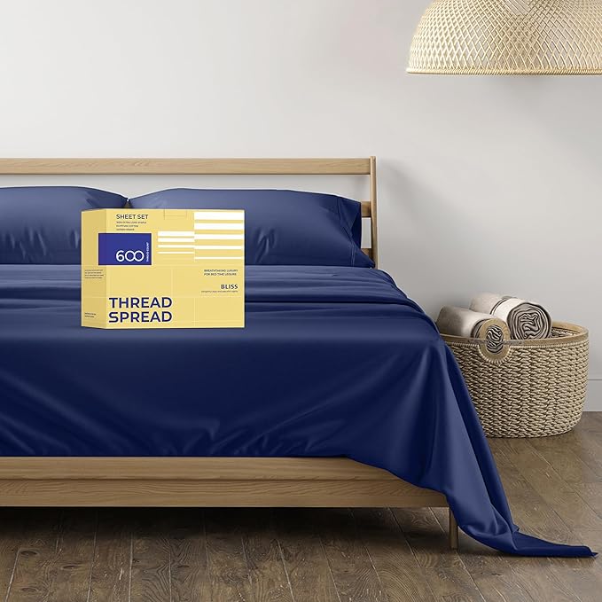 THREAD SPREAD 600 Thread Count Sheets Queen - 100% Egyptian Cotton Sheets Queen Size, 4 PC Luxury Sheets Queen Size, Soft, Cooling, Extra Long Staple 16" Deep Pocket Queen Bed Sheet Set - Navy Blue - LeafyLoom