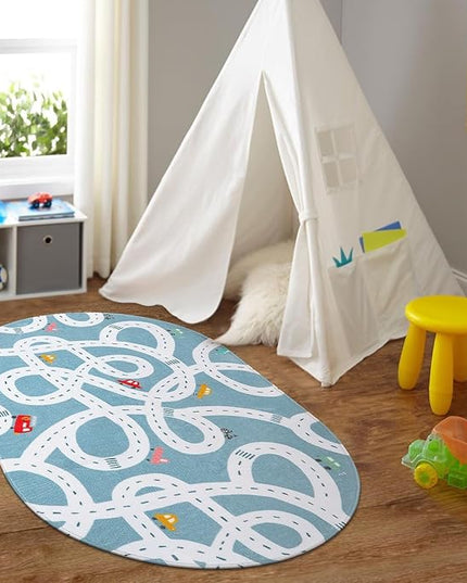 LIVEBOX Blue 3'x5' Non-Slip Kids Play Rug, Machine Washable Road Mat for Playroom, Toy Room Carpet with Cartoon Design for Boys and Girls - LeafyLoom