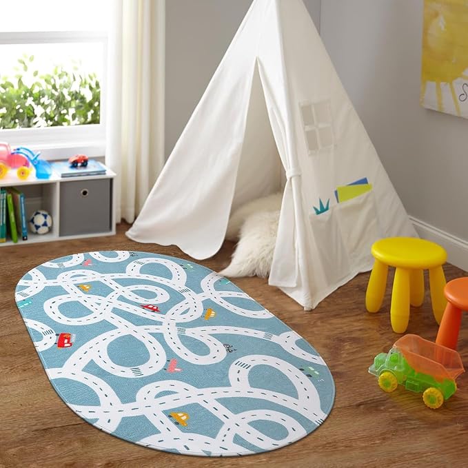 LIVEBOX Blue 3'x5' Non-Slip Kids Play Rug, Machine Washable Road Mat for Playroom, Toy Room Carpet with Cartoon Design for Boys and Girls - LeafyLoom