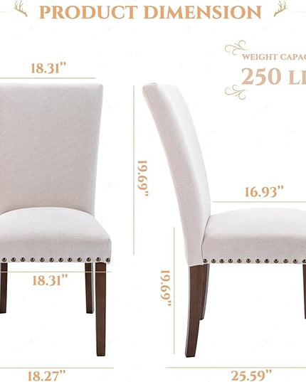 Parsons Dining Chairs Set of 6, Upholstered Nailhead Dining Room Kitchen Side Chair with Thick Cushions and Wood Legs, Beige - LeafyLoom