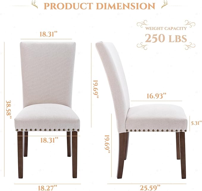 Parsons Dining Chairs Set of 6, Upholstered Nailhead Dining Room Kitchen Side Chair with Thick Cushions and Wood Legs, Beige - LeafyLoom