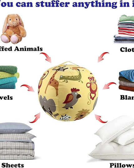 Stuffed Animal Storage Bean Bag Chairs Toy Storage Organizer Bean Bags Chair Cover for Kids 24" Cotton Canvas Beanbag with Zipper for Organizing Kid's and Adults Room, Animal pattern - LeafyLoom