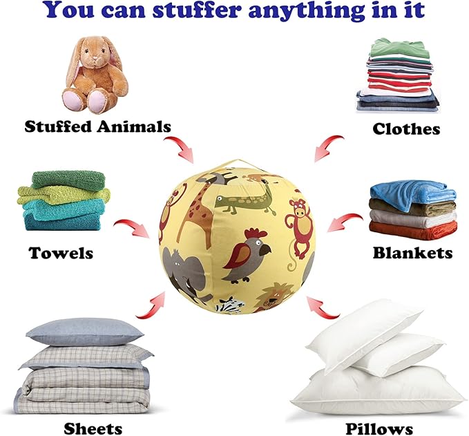 Stuffed Animal Storage Bean Bag Chairs Toy Storage Organizer Bean Bags Chair Cover for Kids 24" Cotton Canvas Beanbag with Zipper for Organizing Kid's and Adults Room, Animal pattern - LeafyLoom