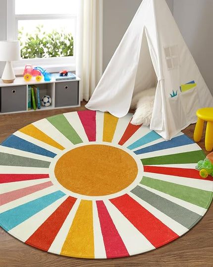 Round Boho Rug 6 Ft Washable Round Area Rug for Playroom, Sunshine Circle Rug for Kids Room, Non-Slip Circluar Rainbow Carpet Soft Large Kids Rug for Classroom Dorm Bedroom - LeafyLoom