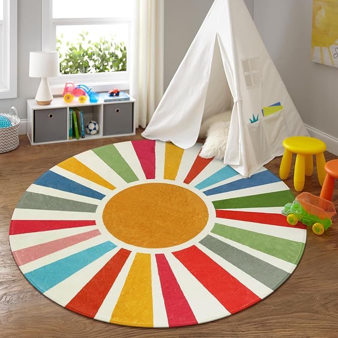 Round Boho Rug 6 Ft Washable Round Area Rug for Playroom, Sunshine Circle Rug for Kids Room, Non-Slip Circluar Rainbow Carpet Soft Large Kids Rug for Classroom Dorm Bedroom - LeafyLoom