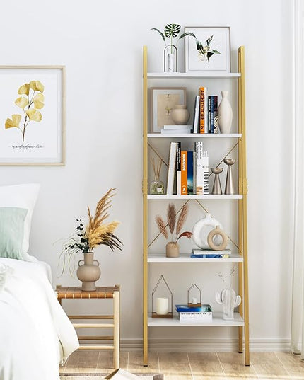 finetones 5-Tier Ladder Shelf, Gold Bookcase Bookshelf with Metal Frame, Display Shelf Plant Rack Accent Furniture for Home Office, White/Golden - LeafyLoom
