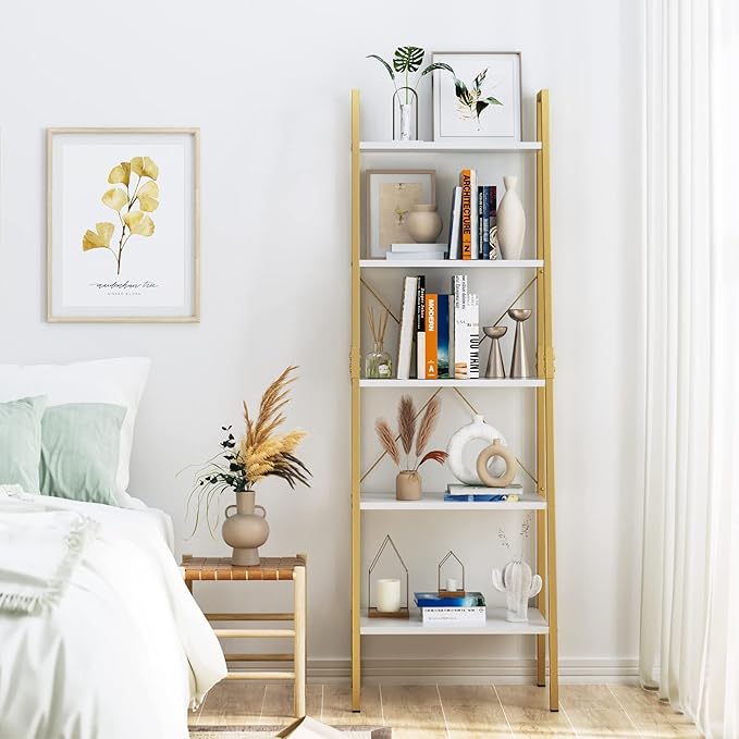 finetones 5-Tier Ladder Shelf, Gold Bookcase Bookshelf with Metal Frame, Display Shelf Plant Rack Accent Furniture for Home Office, White/Golden - LeafyLoom