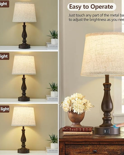 Table Lamps for Bedrooms Set of 2 - Touch Bedside Lamps with Dual USB Ports - 3 Way Dimmable Nightstand Lamps for End Tables Farmhouse Night Stand Lamps for Living Room Bed Side Guest Room - LeafyLoom