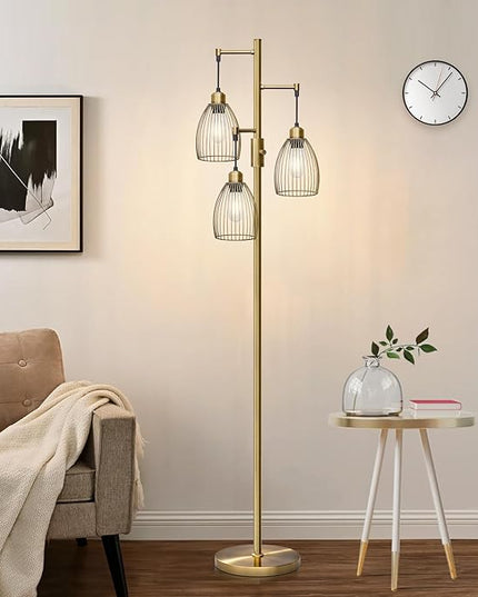 Dimmable Floor Lamp, 3 x 800LM LED Edison Bulbs Included, Farmhouse Industrial Floor Lamp Standing Tree Lamp with Elegant Teardrop Cage Tall Lamps for Living Room Bedroom Office Dining Room-Brass - LeafyLoom