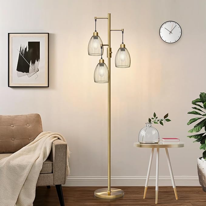 Dimmable Floor Lamp, 3 x 800LM LED Edison Bulbs Included, Farmhouse Industrial Floor Lamp Standing Tree Lamp with Elegant Teardrop Cage Tall Lamps for Living Room Bedroom Office Dining Room-Brass - LeafyLoom