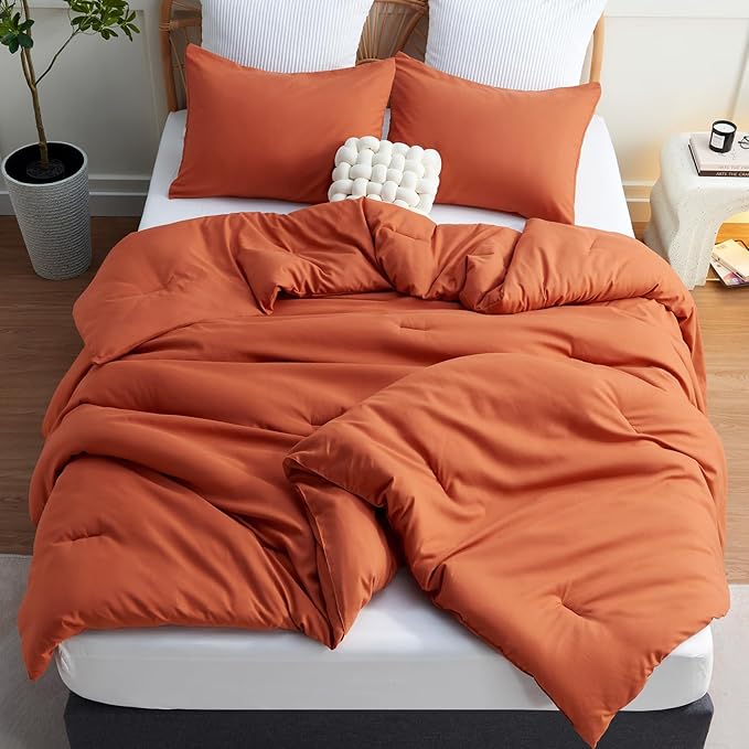 CozyLux Terracotta Comforter Set Twin/Twin XL Size, 2 Pieces Twin Extra Long Solid Burnt Orange Breathable Boho Style Bedding Sets, Luxury Soft Comforter All Season(1 Comforter & 1 Pillowcase) - LeafyLoom