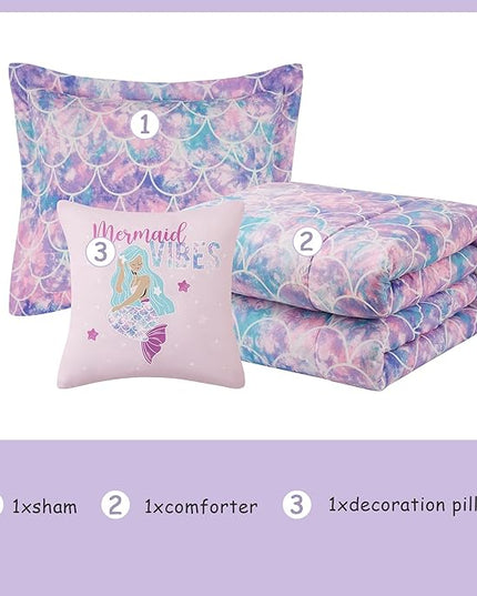 KALEIDOSPACE Pink Comforter Twin for Kids, Glow in The Dark Mermaid Bedding Sets with Decor Pillow, 3 Pieces Girls Bed Set - LeafyLoom