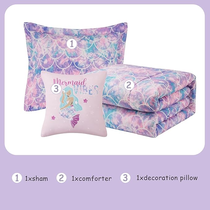 KALEIDOSPACE Pink Comforter Twin for Kids, Glow in The Dark Mermaid Bedding Sets with Decor Pillow, 3 Pieces Girls Bed Set - LeafyLoom