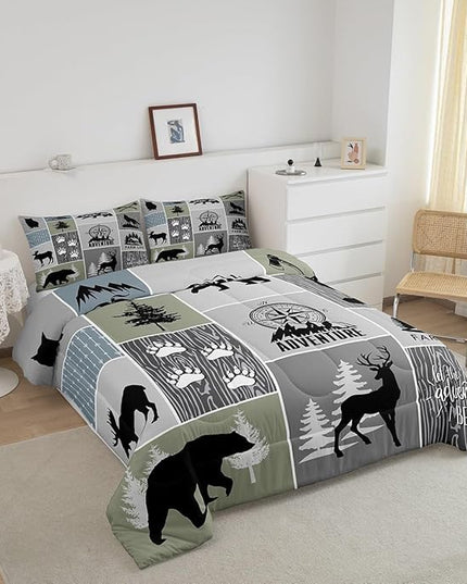 Rustic Farmhouse Cabin Kids Comforter Set Queen Size,Deer Bear Hunting Adventure Bedding Set for Boys Girls Adults Room Decor,Geometric Plaids Down Comforter,Gray Green Duvet Insert,2 Pillowcases - LeafyLoom
