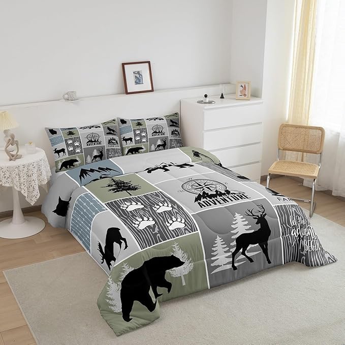 Rustic Farmhouse Cabin Kids Comforter Set Twin Size,Deer Bear Hunting Adventure Bedding Set for Boys Girls Adults Room Decor,Geometric Plaids Down Comforter,Gray Green Duvet Insert,1 Pillowcase - LeafyLoom