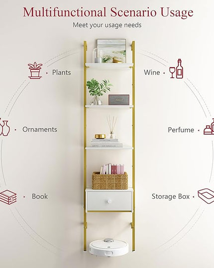 Tajsoon Ladder Shelf, Tall Bookcase with Storage Drawers, 4-Tier Wood Wall Mounted Bookshelf, Open Display Rack, Storage Shelves for Bedroom, Home Office, Collection, Plant Flower, Gold & White - LeafyLoom