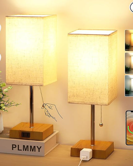 Bedside Table Lamp for Bedroom Nightstand, 3 Color Nightstand Lamps Set of 2 with AC Outlets, Square Pull Chain Bedside Lamp for Living Room, Office Desk, LED Bulb Included - LeafyLoom