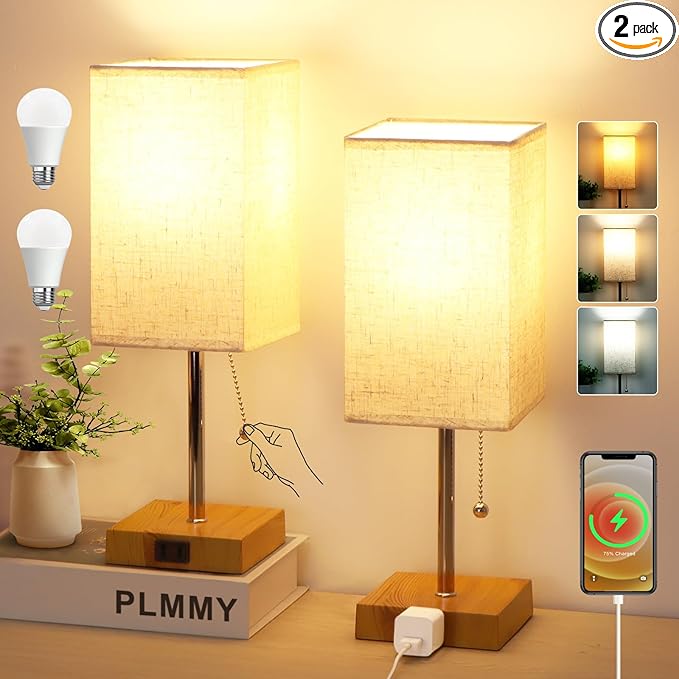 Bedside Table Lamp for Bedroom Nightstand, 3 Color Nightstand Lamps Set of 2 with AC Outlets, Square Pull Chain Bedside Lamp for Living Room, Office Desk, LED Bulb Included - LeafyLoom